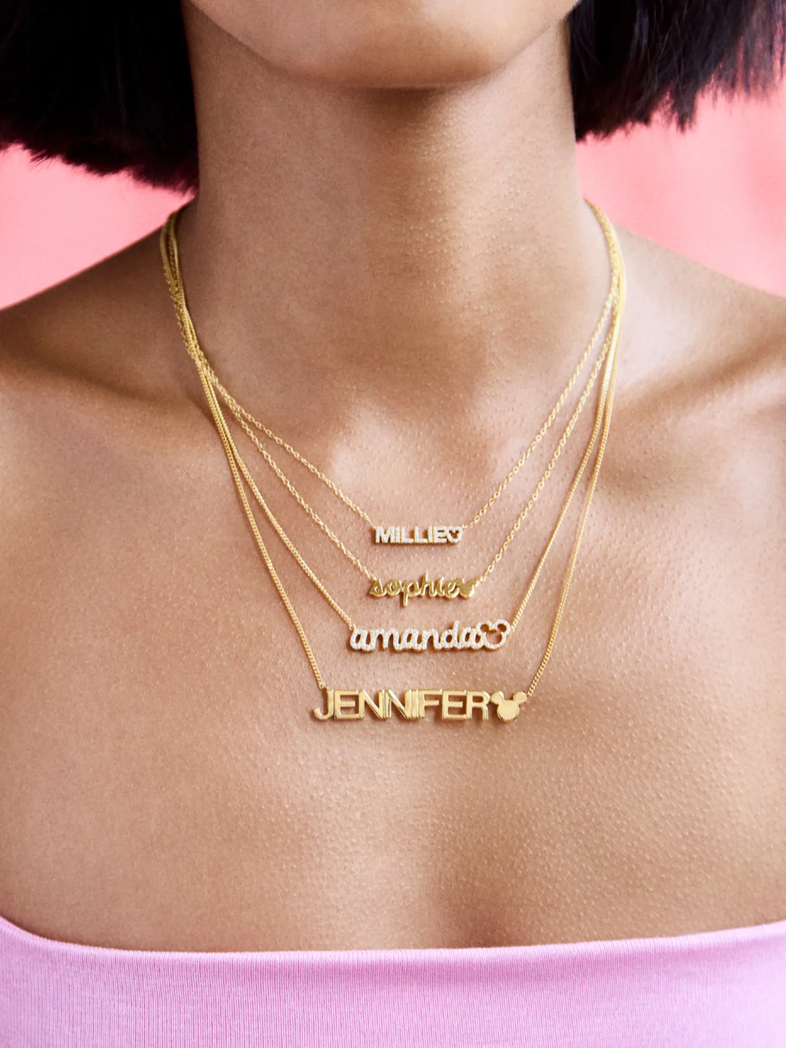 Disney Mickey Mouse 18K Gold Plated Sterling Silver Custom Nameplate Necklace - Gold/Pavé
