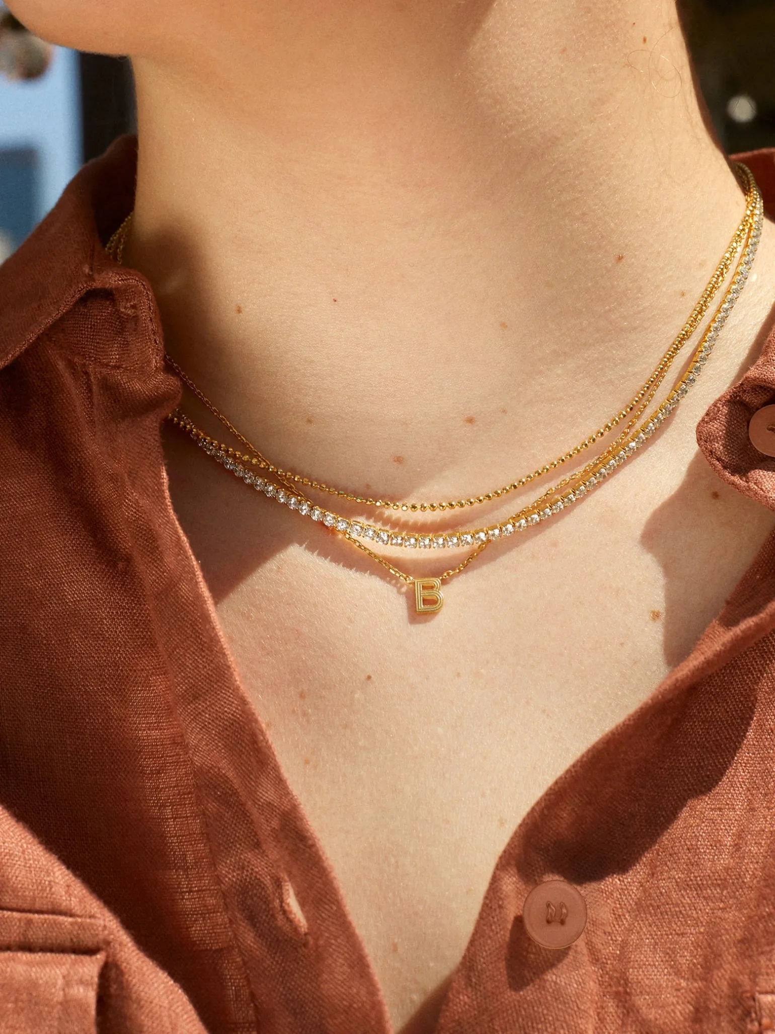 18K Gold Vermeil Etched Initial Necklace - Gold