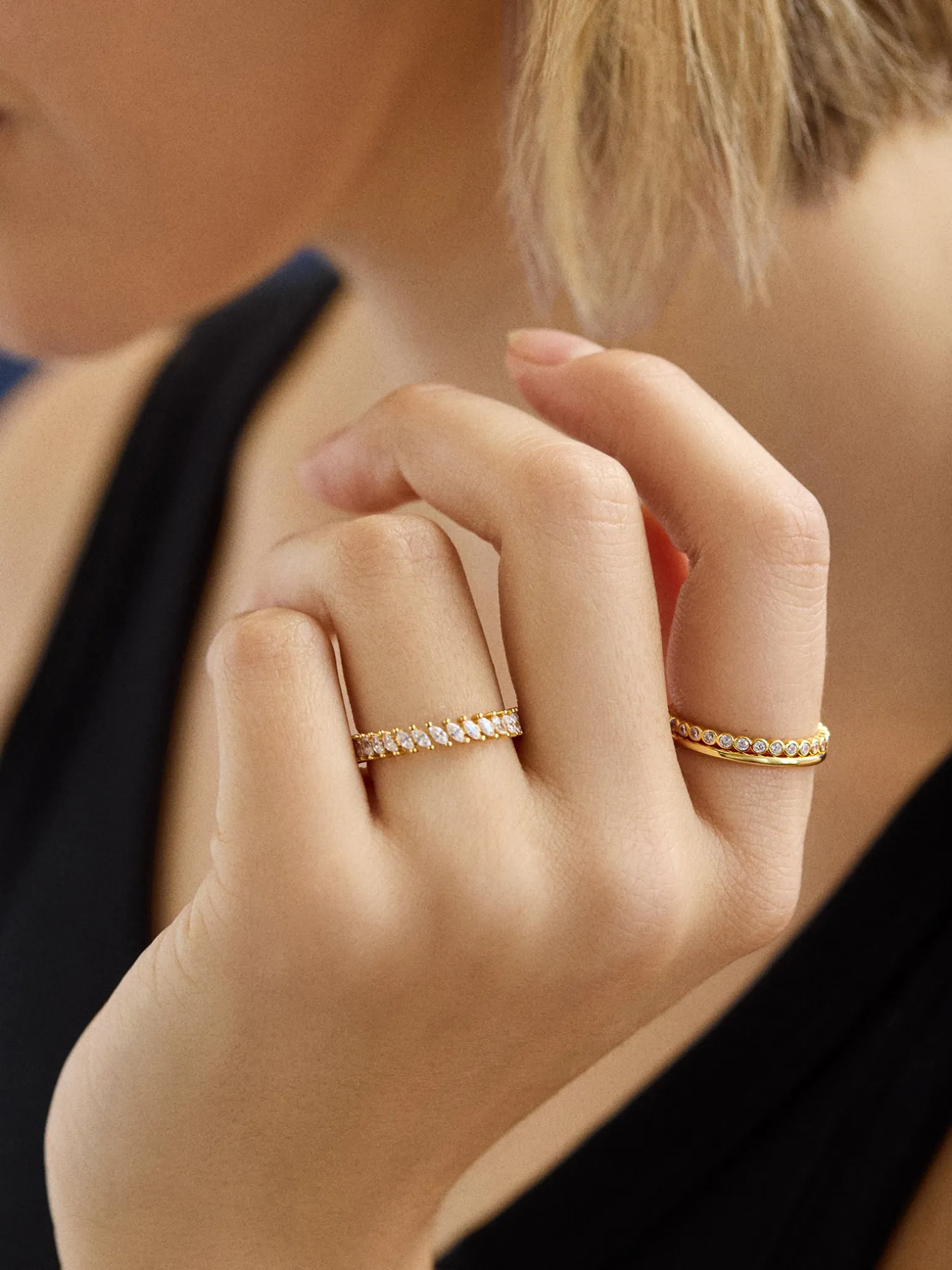 18K Gold Vermeil Willow Ring Set - Gold/Pavé