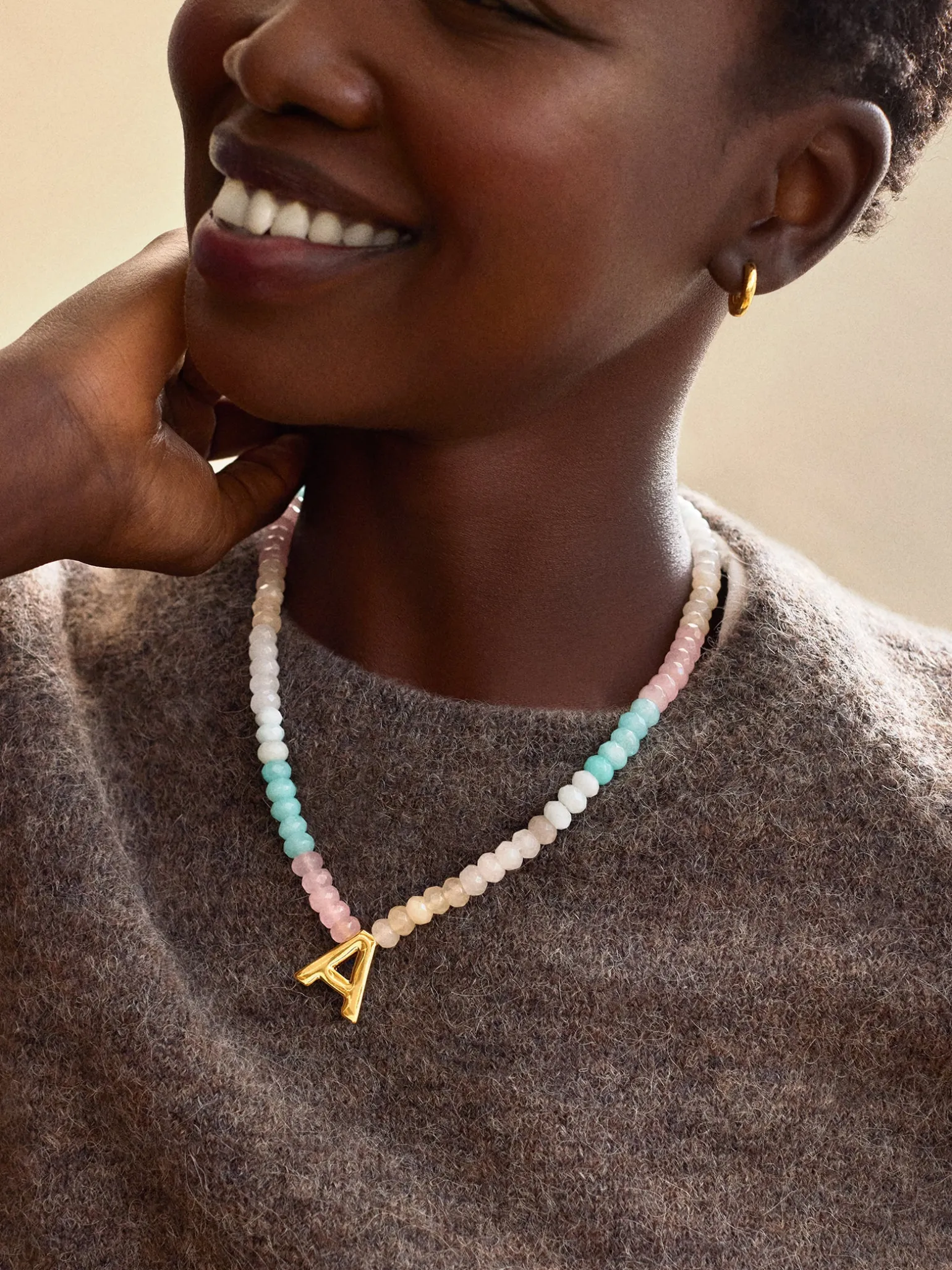 Semi-Precious Block Initial Necklace - Light Multi
